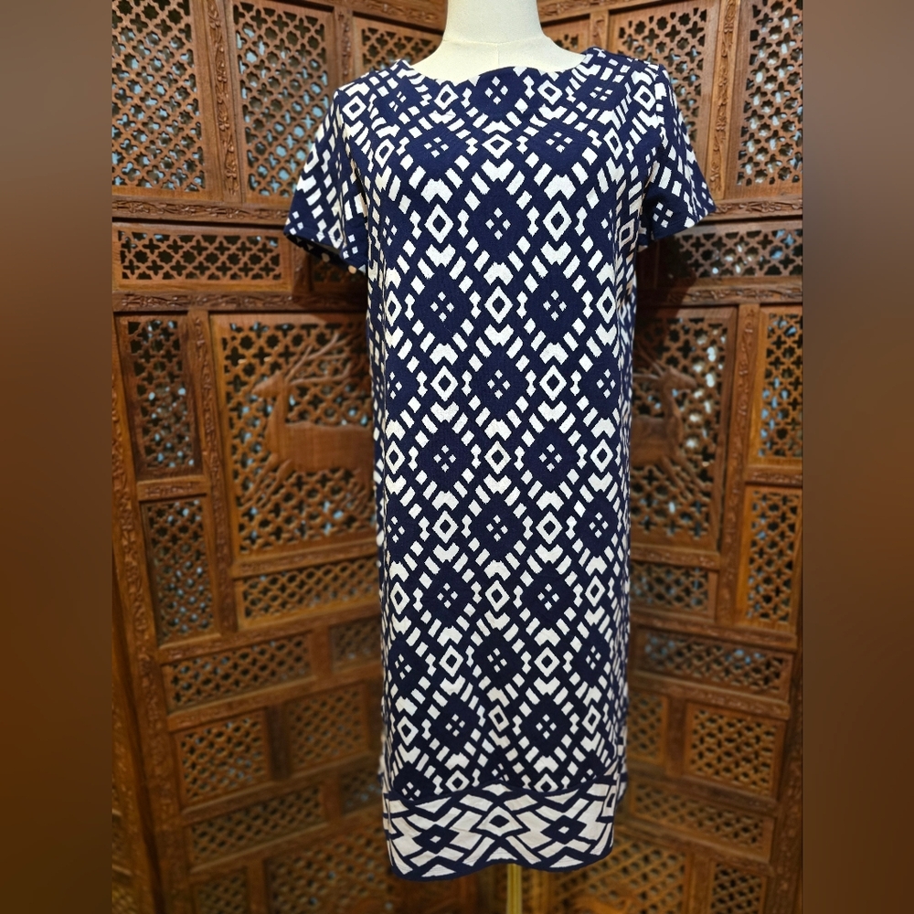 Susan Graver Weekend Navy & White Geometric Dress – Size Small